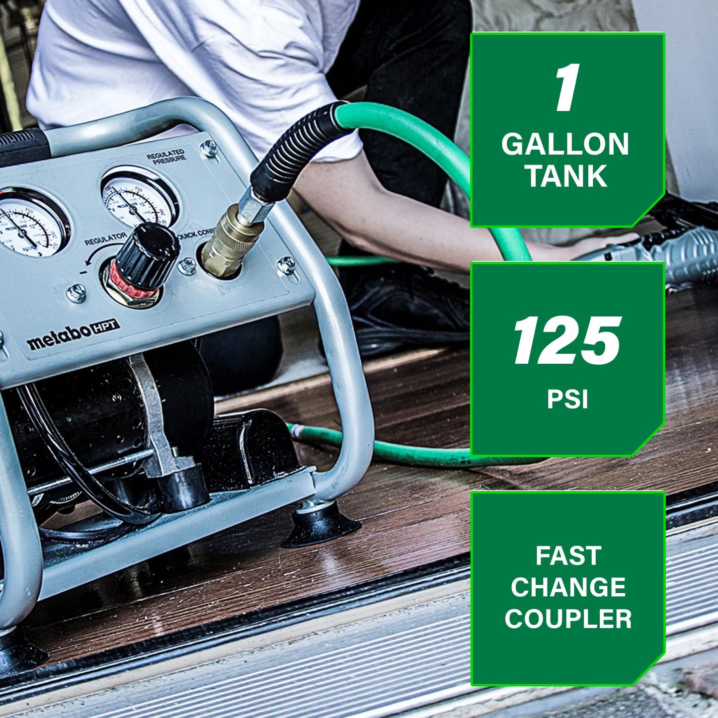 Metabo HPT Quiet Air Compressor, Portable 1 Gallon Oil-Free Air Compressor, Ultra-Quiet Operation at 59 dB, Universal Quick Coupler for Fast Tool Changes, Compact and Lightweight, EC28M