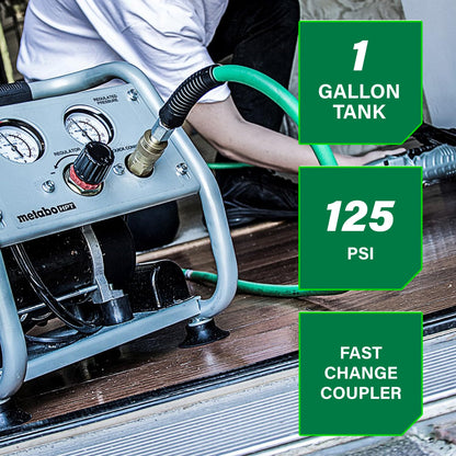 Metabo HPT Quiet Air Compressor, Portable 1 Gallon Oil-Free Air Compressor, Ultra-Quiet Operation at 59 dB, Universal Quick Coupler for Fast Tool Changes, Compact and Lightweight, EC28M