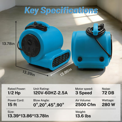 dreamdragon Air Mover Blower Fan 280W 1/2 HP Carpet Dryer Fan 2500 CFM Portable Floor Blower 3-Speed Settings Room Blower for Fast Drying, Cooling & Air Circulation