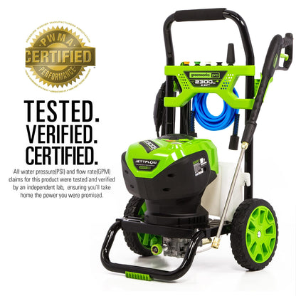 Greenworks 2300 PSI TruBrushless (2.3 GPM) Electric Pressure Washer, 25’ Hose, Quick Connect Wand, 15, 24, 40 Degree Soap and Turbo Nozzle