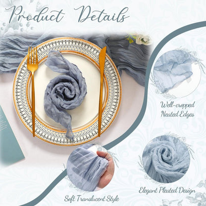Windkream 2 Cheesecloth Table Runners and 24 Napkins Set, 10Ft Boho Cheese Cloth Table Runners 20 x 20 Inch Rustic Wrinkled Gauze Napkins for Wedding Birthday Baby Shower Party Decor (Dusty Blue)
