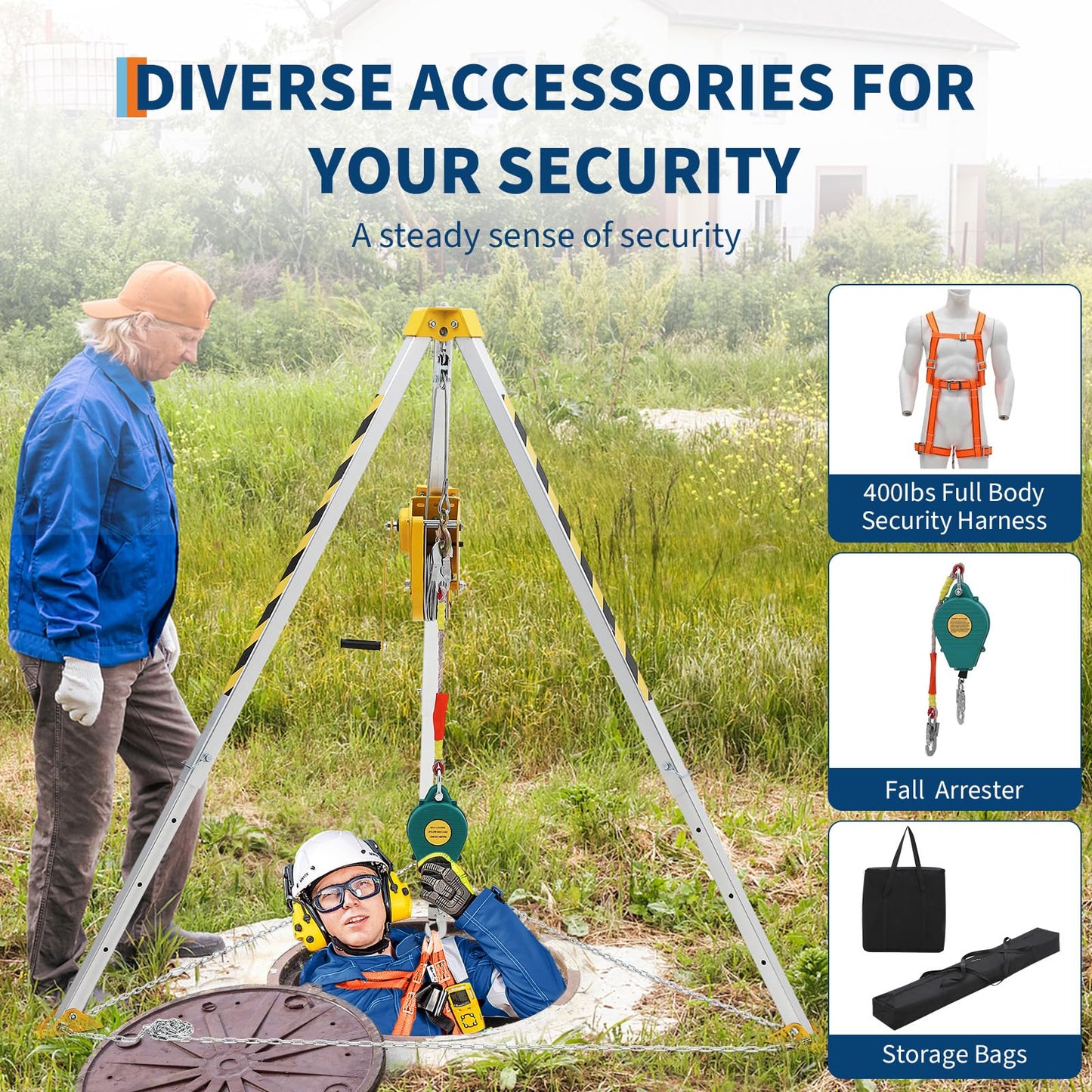 GAOMON Rescue Tripod Kit, Confined Space Tripod Kit, Heavy Duty Rescue Tripod Lifting Hoist 1200 Lbs Winch, 49 ft Cable Portable Kit, for Well, Sewer, Manhole, Tank