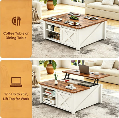 Simple Deluxe Lift Top Coffee Table with Storage, Farmhouse Coffee Table for Living Room, Coffee Tables with Hidden Storage, Coffee Tables with Lifting Top Center Table for Living Room(White)