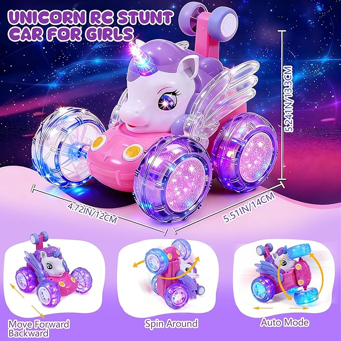 Unicorn Toys RC Car for Girls 4-6 Beginner-Friendly Cute Remote Control Toy - High-Speed All-Terrain 360°Flips Stunt &amp Cool Blinky Lights Ideal Christmas Birthday Gift for Age 3 4 5 6 7 8 - Purlpl