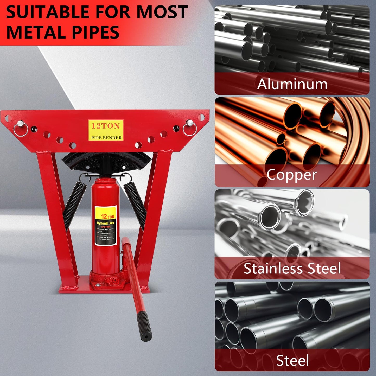 Hydraulic Pipe Bender, 12 Ton Manual Copper Pipe Bender, 90°-180° Adjustable Rollers Hydraulic Tubing Bender with 6 Dies for Steel Iron Metal Ratcheting