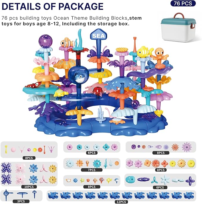Marine Explorer STEM Building Set with 7 Sea Creatures - 76 Piece Coral Reef Blocks for Preschool Learning Includes Crab Turtle &amp Pufferfish（Ocean-World-L2）