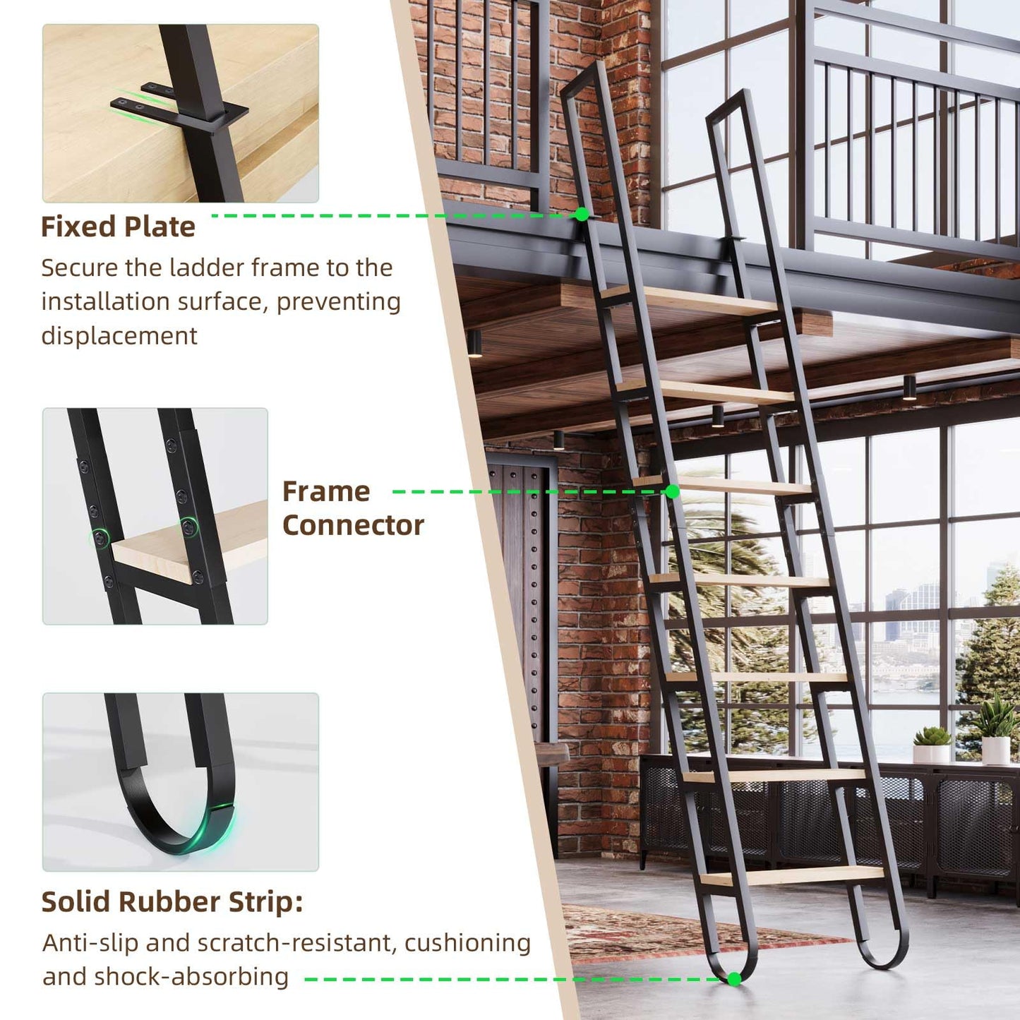 9.35FT Industrial Style Loft Ladder, 7 Steps with Black Steel Handrails & Solid Wood Steps, 450lbs Capacity, Fits 7.2-8FT Installation Height, for Attic, Kitchen, Warehouse, Bookshelf& Outdoor