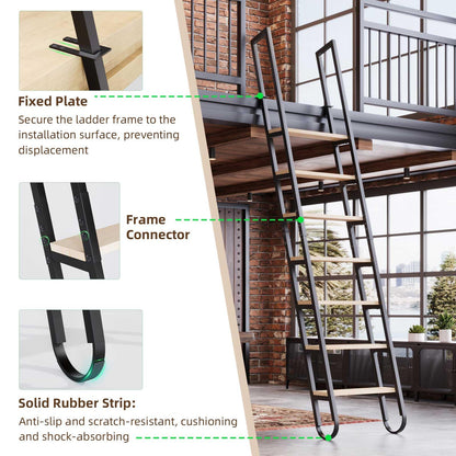 9.35FT Industrial Style Loft Ladder, 7 Steps with Black Steel Handrails & Solid Wood Steps, 450lbs Capacity, Fits 7.2-8FT Installation Height, for Attic, Kitchen, Warehouse, Bookshelf& Outdoor
