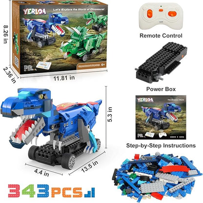 Yerloa Dinosaur Toys for Boys Age 8-12 5-7 6-7 Jurassic Building Kits for Kids 6 7 8 9 10 11 12 + Year Old 343 Pcs Remote Control STEM Projects Building Blocks Sets Educational Birthday Easter Gifts