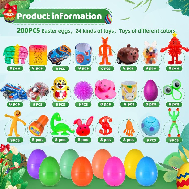 Cherislpy 200 Pack Prefilled Easter Eggs with Mini Novelty Squishy Fidget Toys Inside Assorted Toys Great for Kids Girls Boys Easter Party Favors Basket Stuffers Eggs Fillers