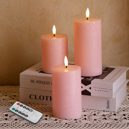 AFINETH Pink Flameless Pillar Candles, Real Wax Battery Operated Candles with Remote, Flat Top Flickering Flameless Candles, LED Candles for Home Party Wedding Romantic Night Decor, Set of 3