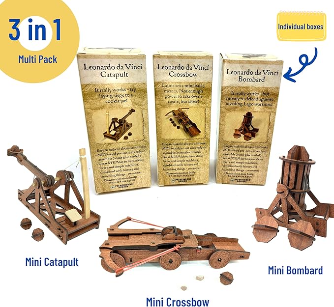 PATHFINDERS Leonardo Da Vinci weapons mini model kits catapult crossbow bombard set of 3 Engineering kits Educational Toys for Kids Science kit for Kids Age 8-10 10-12 stem Projects Wood Building Kits
