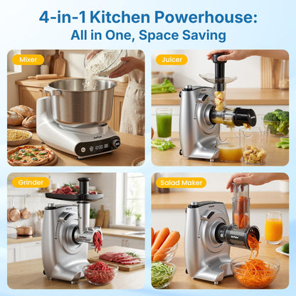 SUNVIVIPRO 5.3QT Electric Dough Mixer, 4-in-1 Multifunction Stand Mixer with Fermentation & LED Display & Knob Control, Slow Juicer, Meat Grinder, Salad Maker for Kitchen