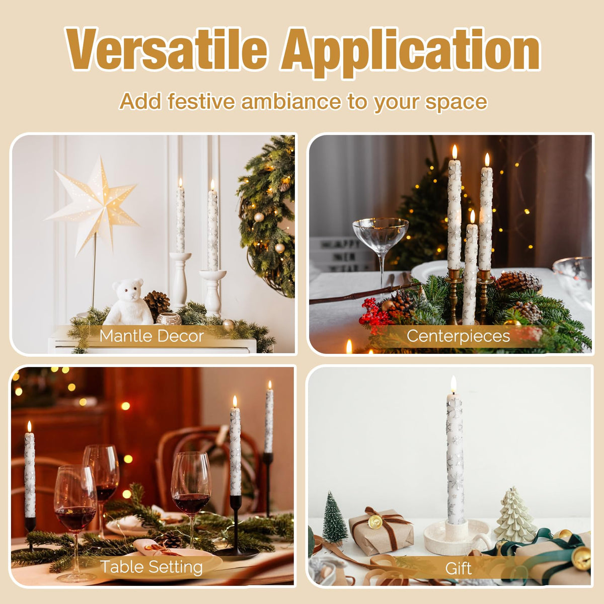 Eywamage White Snowflakes Christmas Flameless Taper Candles with Remote, Flickering LED Wax Candlesticks Set of 4