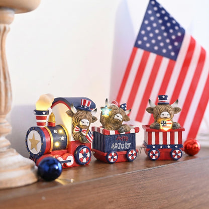 Valery Madelyn 4th of July Highland Cow Train Decorations Lighted LED Memorial Day Decor for Home, High Mountain Yak Train Figurines Red White and Blue Decorations, Patriotic USA 250th Anniversary