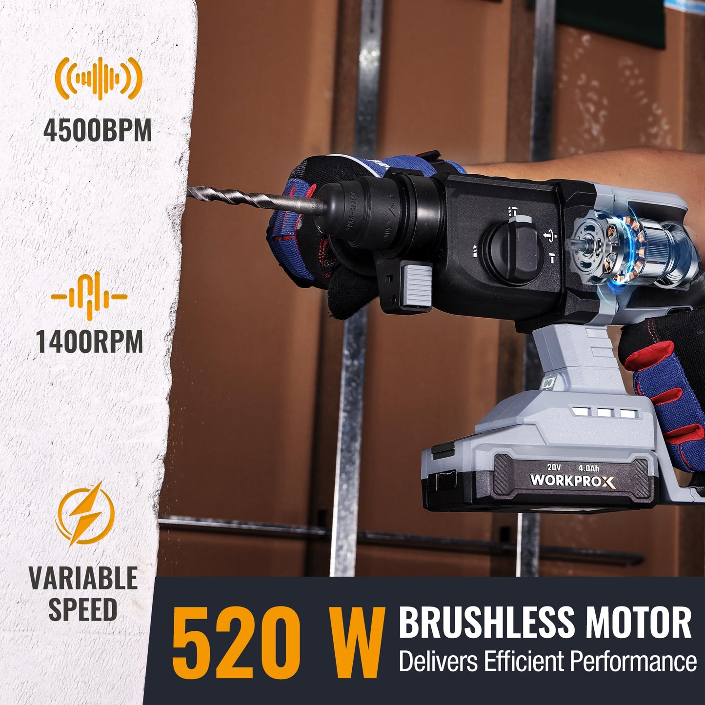 WORKPROX 20V Cordless Rotary Hammer Drill, 7/8" SDS-Plus, 2.0J Hammer Drill for Concrete with 4 Functions, Brushless Motor, 4.0Ah Battery & LED Light, Lightweight SDS Hammer Drill for Home Use
