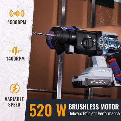 WORKPROX 20V Cordless Rotary Hammer Drill, 7/8" SDS-Plus, 2.0J Hammer Drill for Concrete with 4 Functions, Brushless Motor, 4.0Ah Battery & LED Light, Lightweight SDS Hammer Drill for Home Use