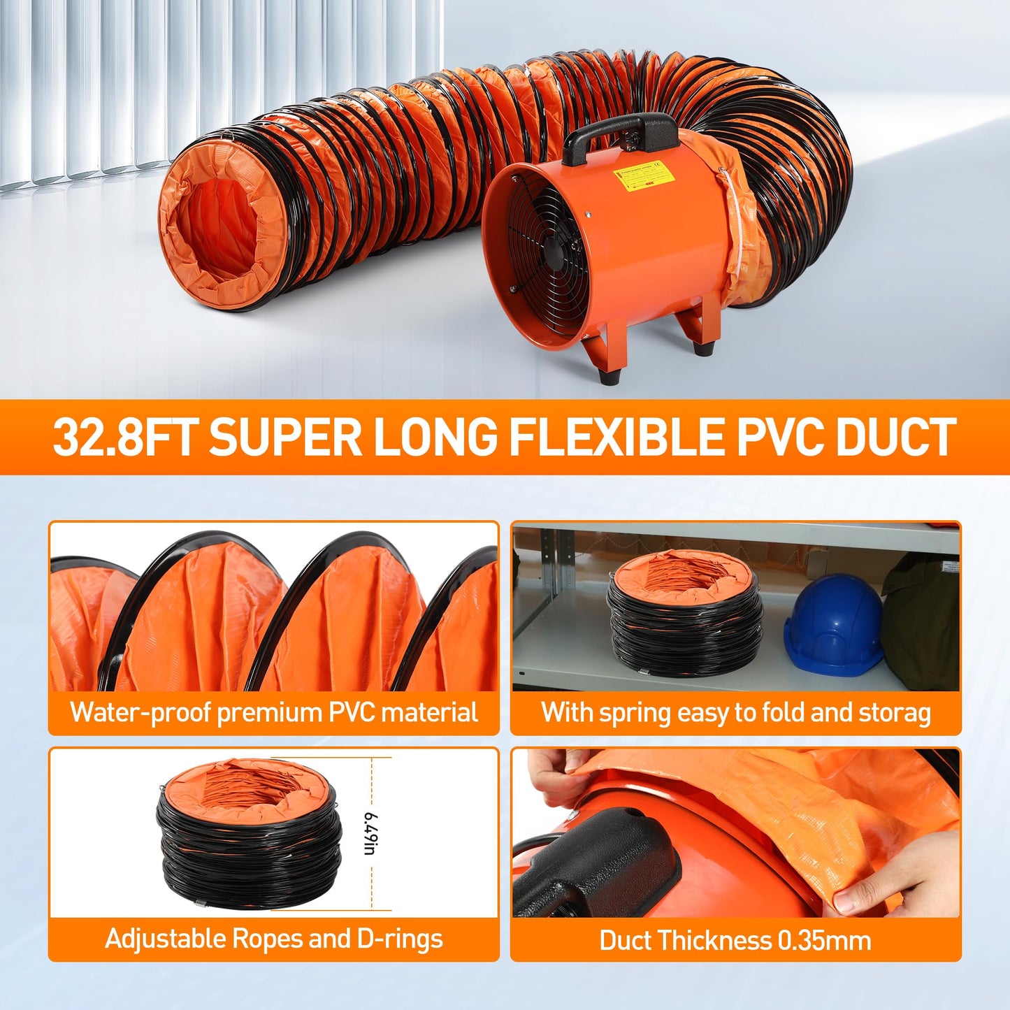 Rengue 12 Inch Utility Blower/Exhaust Fan with 32.8ft Duct Hose, 1900 or 2800r/min Two Modes Heavy Duty Ventilation Fan, High Velocity Extraction and Ventilation with Flexible PVC Hose