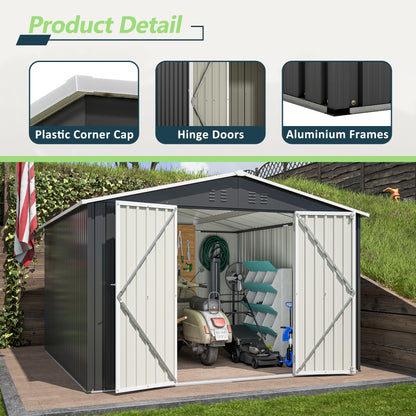 10'x10' Galvanized Steel Storage Shed with 4 Top Air Vents, Lockable Double French Door Large Garden Tool Shed, Black