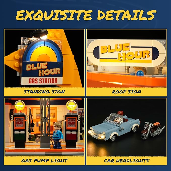 FUNWHOLE City Gas-Station Lighting-Building-Bricks Set - Road Trip Modular Car Service Station Collection LED Light Building Set 1608 Pcs for Adults Teen and Travelling Enthusiasts