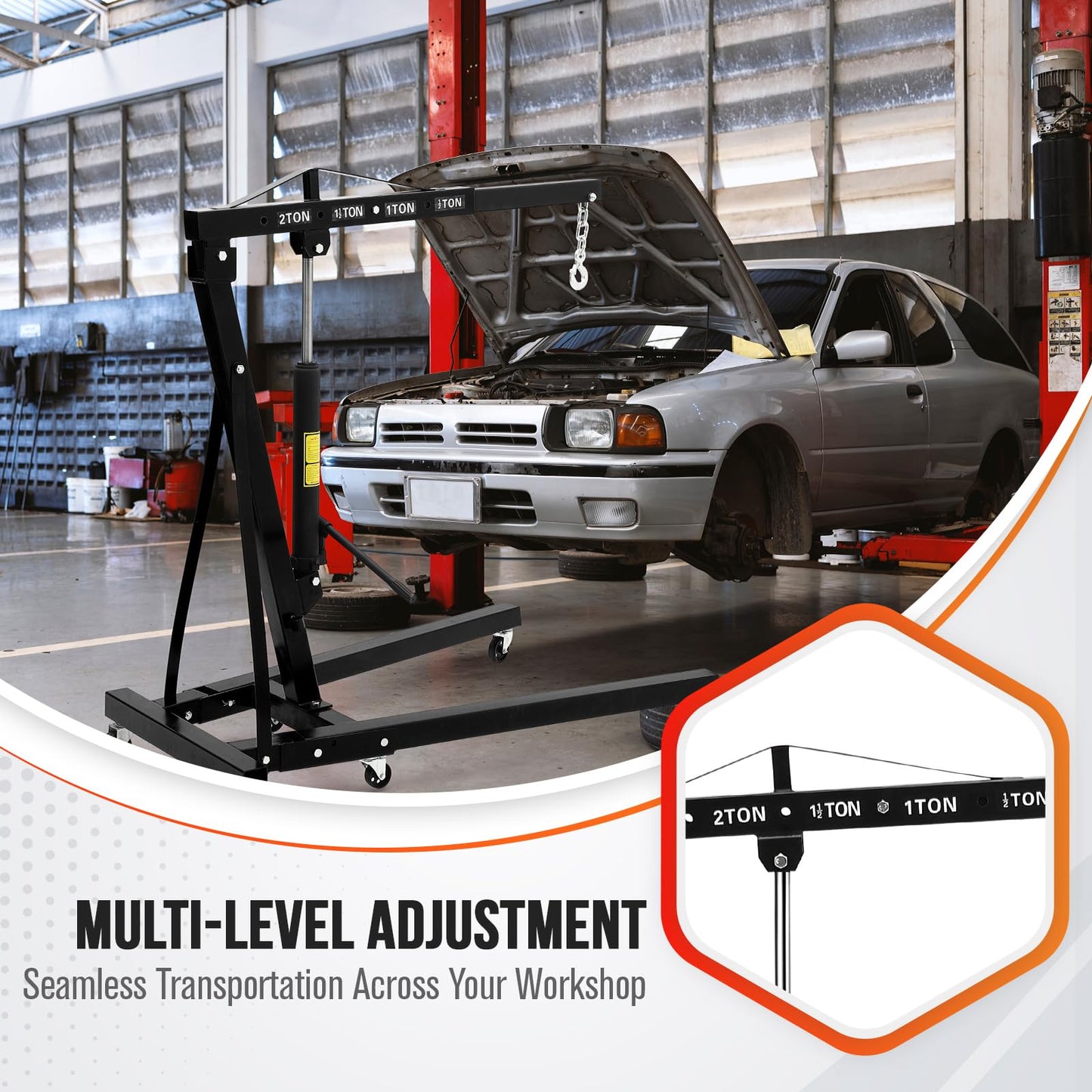 2 Ton Folding Engine Crane, 4400 Lbs Hydraulic Cherry Picker, Engine Hoist with 6 Casters and Telescopic Boom for Garage, Workshop and Warehouse Lifting, Heavy-Duty, Black