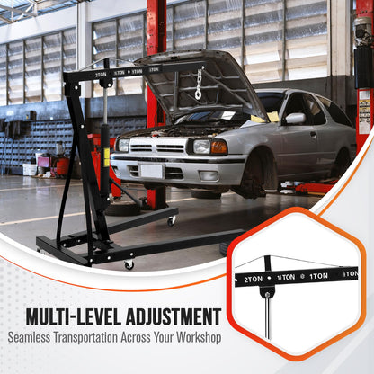 2 Ton Folding Engine Crane, 4400 Lbs Hydraulic Cherry Picker, Engine Hoist with 6 Casters and Telescopic Boom for Garage, Workshop and Warehouse Lifting, Heavy-Duty, Black