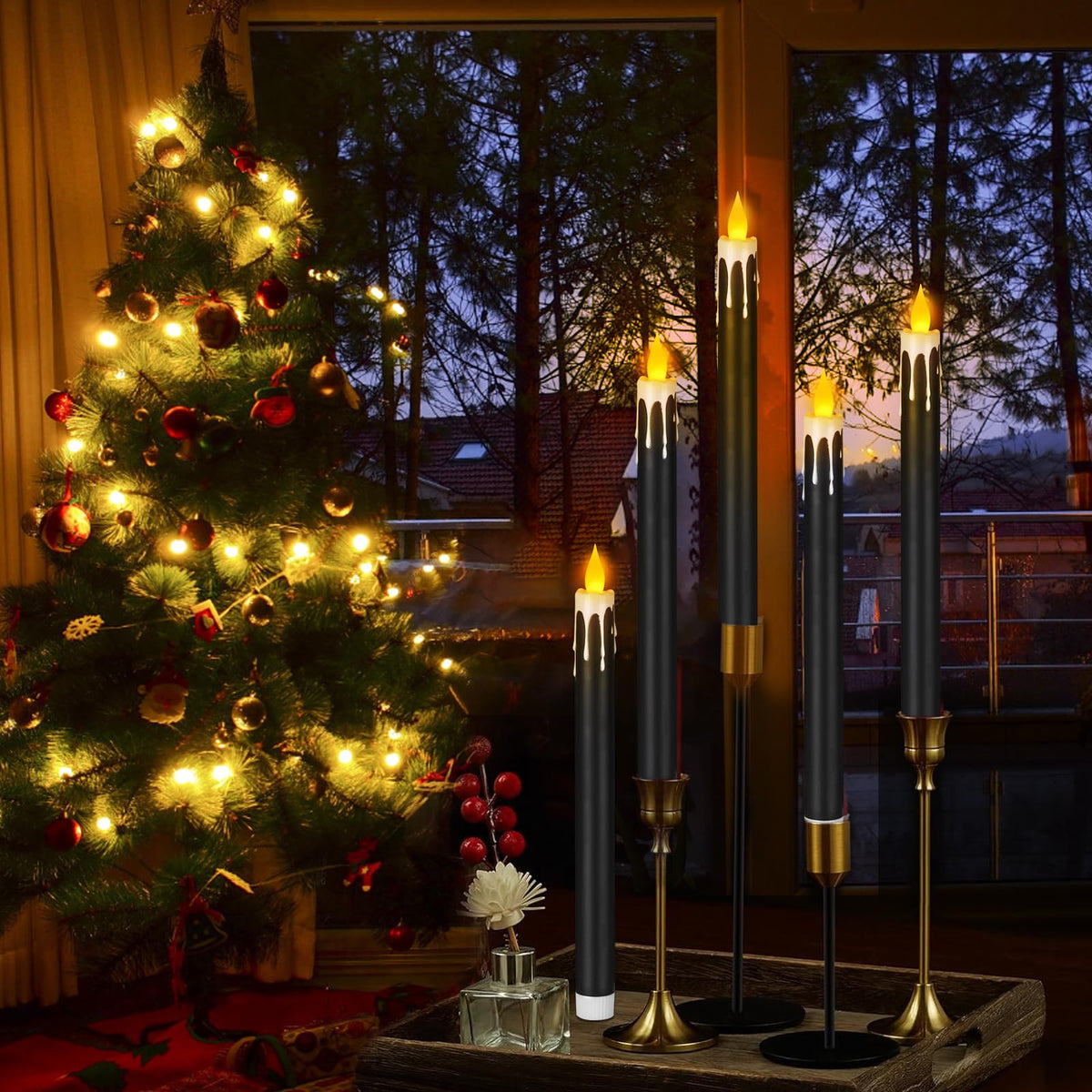 wemarry Flameless Taper Candles 10.6" Dripless Battery Operated Taper Candles Included Remote Timer 400+ Hours by 2AA Batteries for Halloween Christmas Wedding (Black+White, 12 Pack)