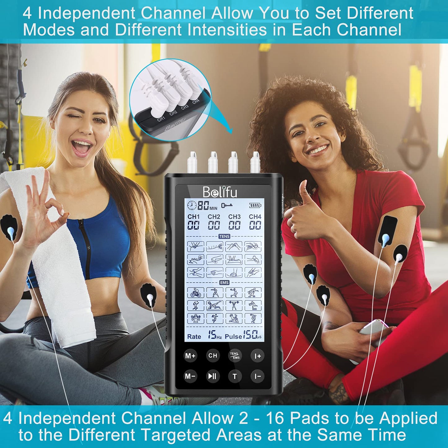 Belifu 4 Independent Channel TENS EMS Unit, 24 Modes,30 Level Intensity Muscle Stimulator Machine, Rechargeable Electric Pulse Massager with 10 Pads&5 Set Leads Wires, for Pain Relief Therapy(Black)