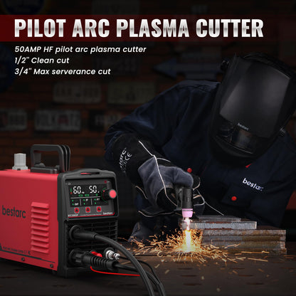 bestarc Pilot Arc Plasma Cutter, [LED Display][Air Sensor] 50A Plasma Cutter Machine 110/220V Dual Voltage, 1/2'' Clean Cut 3/4 Inch Max Cut, Post Flow Mesh, 2T/4T for Beginners DIY, Red
