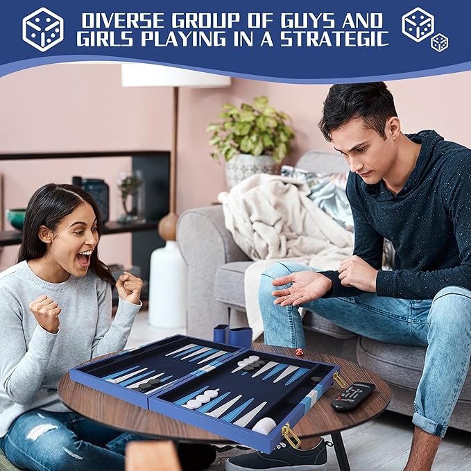 Froggod 15 inch Backgammon Sets for Adults - Classic Board Game for Adults - Portable Travel Backgammon Set for 2 Players - Perfect Adult Board Games for Gifts &amp Family Fun(Vivid Blue)