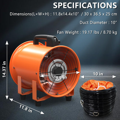 HYITCL 10 Inch Utility Blower Fan 1600CFM Industrial Portable Exhaust Fan with 16.4Ft Duct Hose, 3300 r/min High Velocity Ventilation Extraction and Ventilation Fan