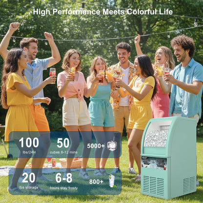 Commercial Ice Maker Machine, 100lbs/24H Ice Machine with 20lbs Storage Bin, 50 Cubes in 8-12 Mins, Small Size Freestanding/Under Counter Ice Maker, Support Gallon Bottle Water, Timer, Self-Cleaning