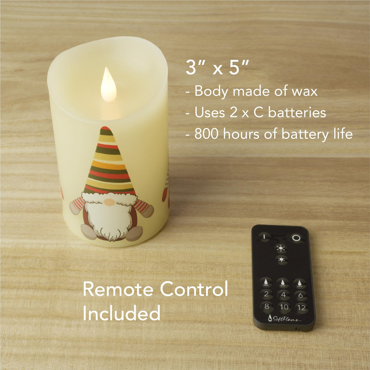 Softflame Christmas Flameless Candles with Remote Control, 3"x 5"Battery Operated Flickering 3D Wick Real Wax Pillar Christmas Gnome Candle