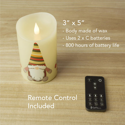 Softflame Christmas Flameless Candles with Remote Control, 3"x 5"Battery Operated Flickering 3D Wick Real Wax Pillar Christmas Gnome Candle