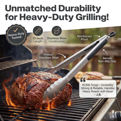Kona Premium Stainless-Steel Locking Grill Tongs 17 inch, Sturdy, Heavy Duty Tongs - Great for Cooking, Grilling, and Barbecue (BBQ) [Set of 2]
