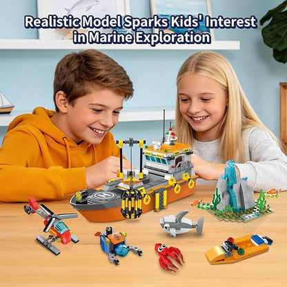 City Ocean Explorer Ship Building Set Exploration Boat Set Toy Building Block with LED Lights Helicopter Submarine and Shark Cage Birthday Gifts for 6 8 10 12 Years Old Boys Kids Girls