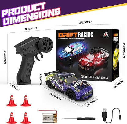 Mini RC Drift Car 1:32 Scale with LED Lights – Remote Control Car with LED Lights &amp 2-Speed Modes 2.4GHz Stunt Drifting RC Toys a for Children and Adults