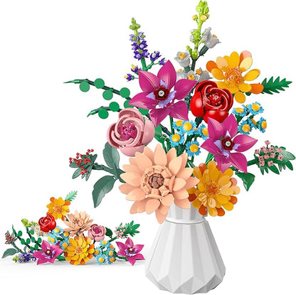 Flowers Bouquet Building Set 887 Pcs with Flower Artificial Roses for Home Office Decoration Gift for Mother's Day Valentine's Day and Kids 6+/Adults Birthday
