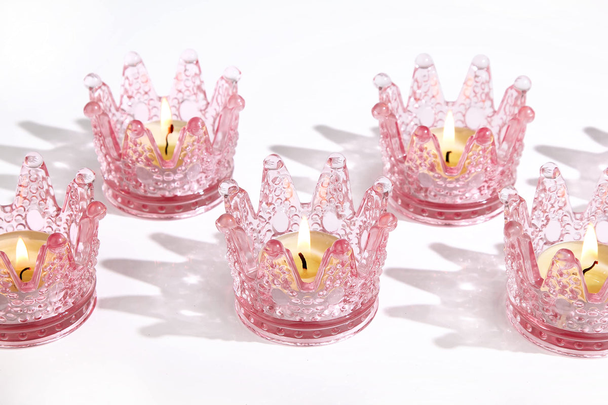 Vixdonos Votive Candle Holders Set of 6 Crown Glass Tealight Candle Holder for Wedding, Party and Home Decor (Pink)