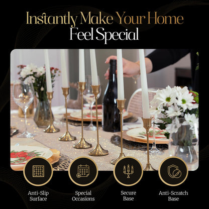 Gold Candleholders for Taper Candlesticks Plus Candle Snuffer – Dining Table Décor Centrepiece - Brass Candelabra Candlestick Holder - Gold Décor for Home Weddings Celebrations Events (Set of 6 Pcs)