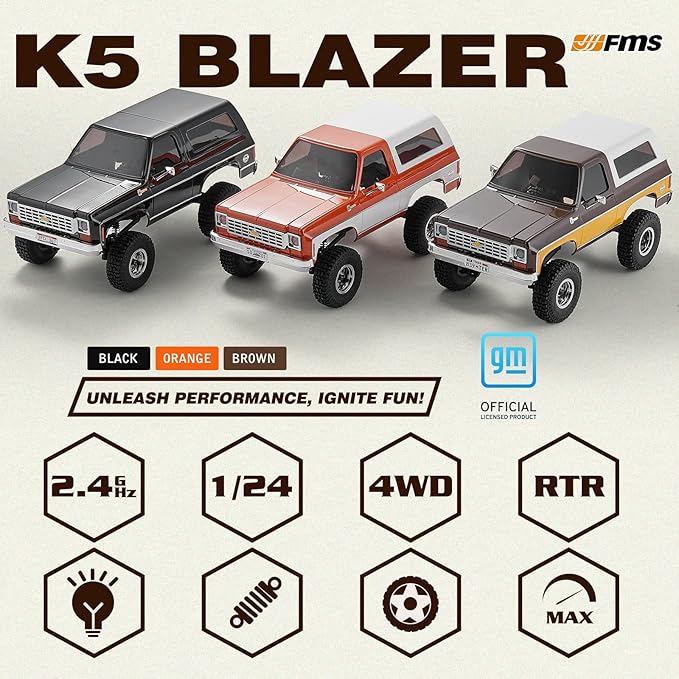BEEZRC FMS 1/24 RC Crawler Officially Licensed Chevy K5 Blazer RC FCX24 RTR RC Pickup Truck SUV 4WD 2.4GHz 3CH Hobby RC Model 8km/h Mini Car Off-Road Remote Control Car (Orange)