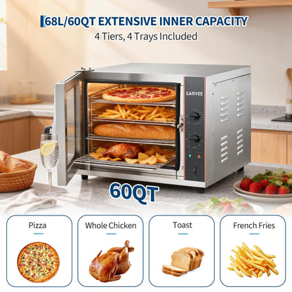 Commercial Convection Oven, 68L/60Qt Stainless Steel Air Fryer Toaster Oven Combo, 4-Tier Countertop Rotisserie Oven with Glass Door, 1750W Baking Roaster, 30-300°c, Trays & Racks, US Plug