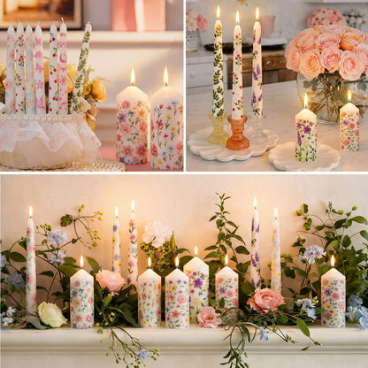 Treela 60 Pcs DIY Candle Painting Kit Include 6 White 6 White Tapered & 6 Pillar Candles 12 Candle Wax Pen 24 Floral Painting Stencils 6 Paint Brushes 6 Sponge Blocks for Craft Birthday Wedding Party