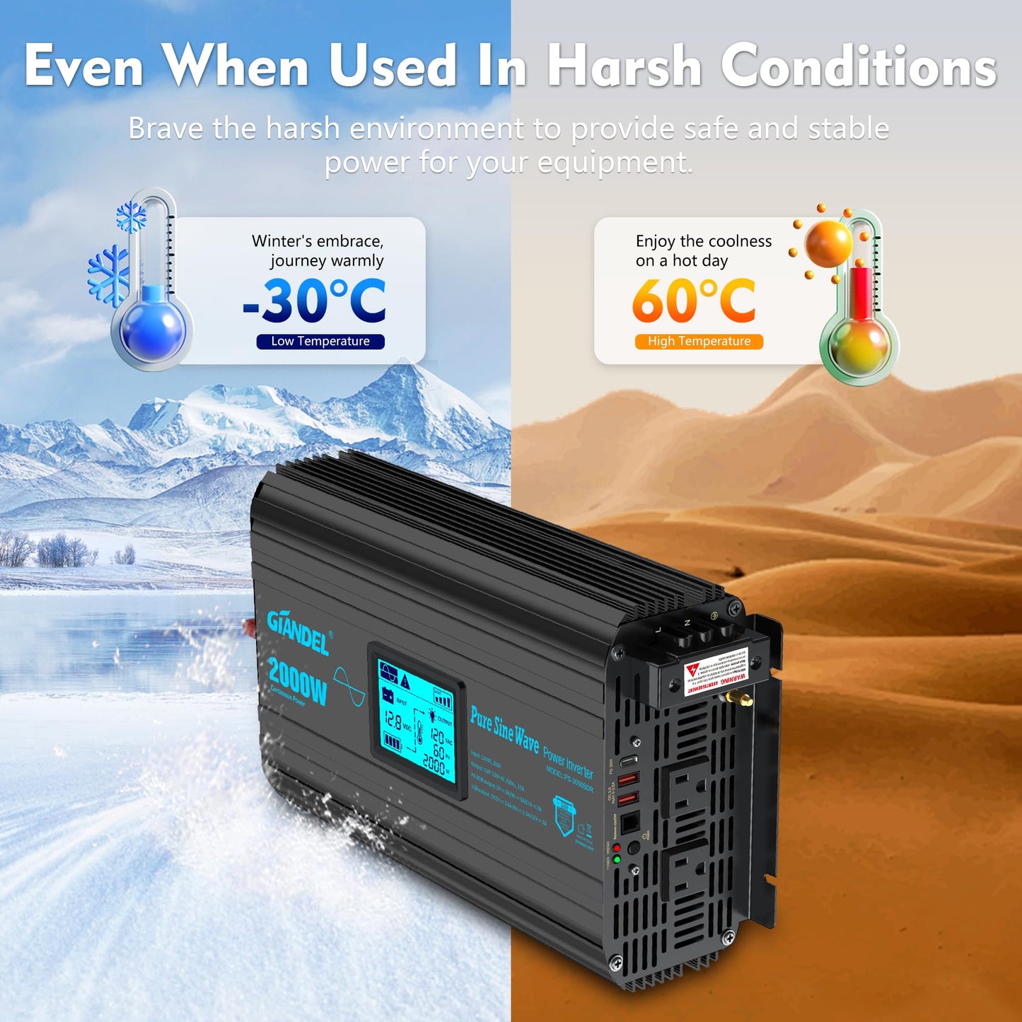 2000 Watt Pure Sine Wave Power Inverter 2000W 12V DC to 120 V AC Lithium Battery Compatible for RVs Off Grid Solar Boat Camper Starlinks System with 20Amps Hardwire Block and USB-C PD30W by GIANDEL