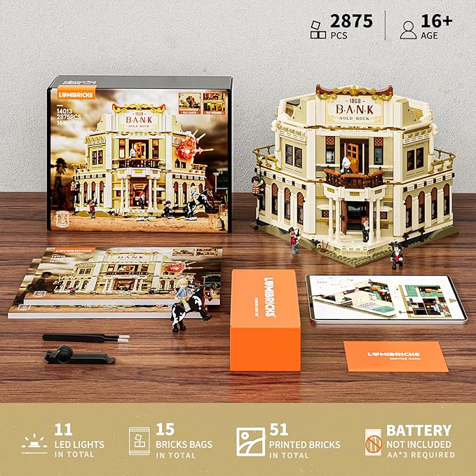 Western Bank Heist Lighting Building-Bricks Set - Wild West Outlaw Gold Heist 2875 Pcs Collection Display Set for West Lovers