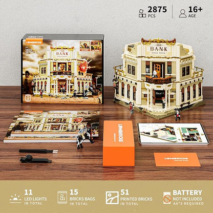 Western Bank Heist Lighting Building-Bricks Set - Wild West Outlaw Gold Heist 2875 Pcs Collection Display Set for West Lovers