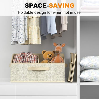 Closet Storage Bins - Large Organizer Baskets with Divider & Handles | 6 Pack Trapezoid Fabric Cubes - Beige