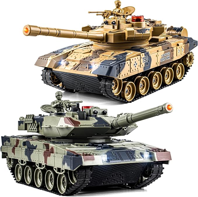 1/24 RC Battle Tank Set Remote Control Russian T90 and German Leopard II Tank Model That Shoots for Kids and Adults 2.4Ghz Army Toy for Boys 6+ Year Old with Smoke Sound Effects and Lights