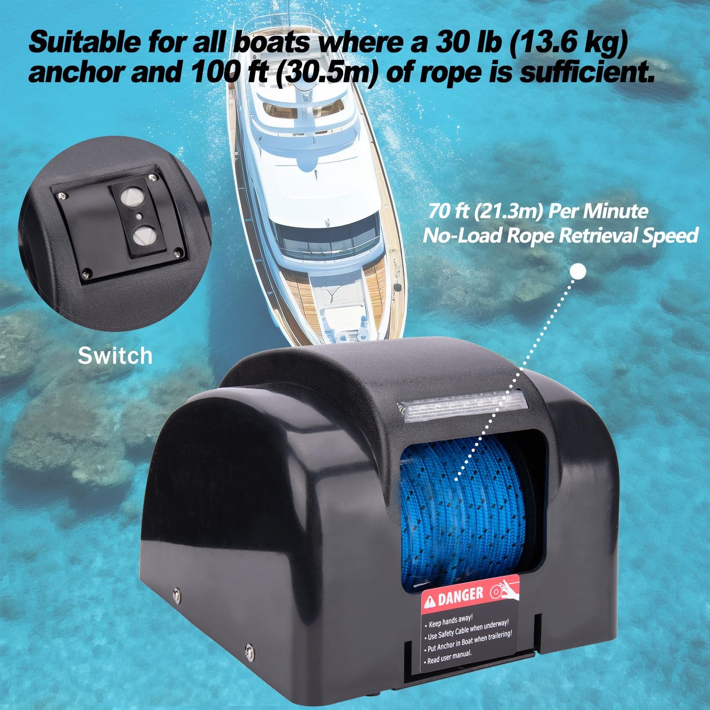 Electric Anchor Winch,Marine Anchor Winch Saltwater Boat Anchor Windlass Kit with Wireless Remote Control,Anchors Up to 45 LBS, Heavy Duty Towing Winches for Fishing Boat Pontoon Boat (45LBS, Black)