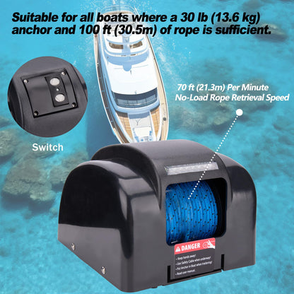 Electric Anchor Winch,Marine Anchor Winch Saltwater Boat Anchor Windlass Kit with Wireless Remote Control,Anchors Up to 45 LBS, Heavy Duty Towing Winches for Fishing Boat Pontoon Boat (45LBS, Black)